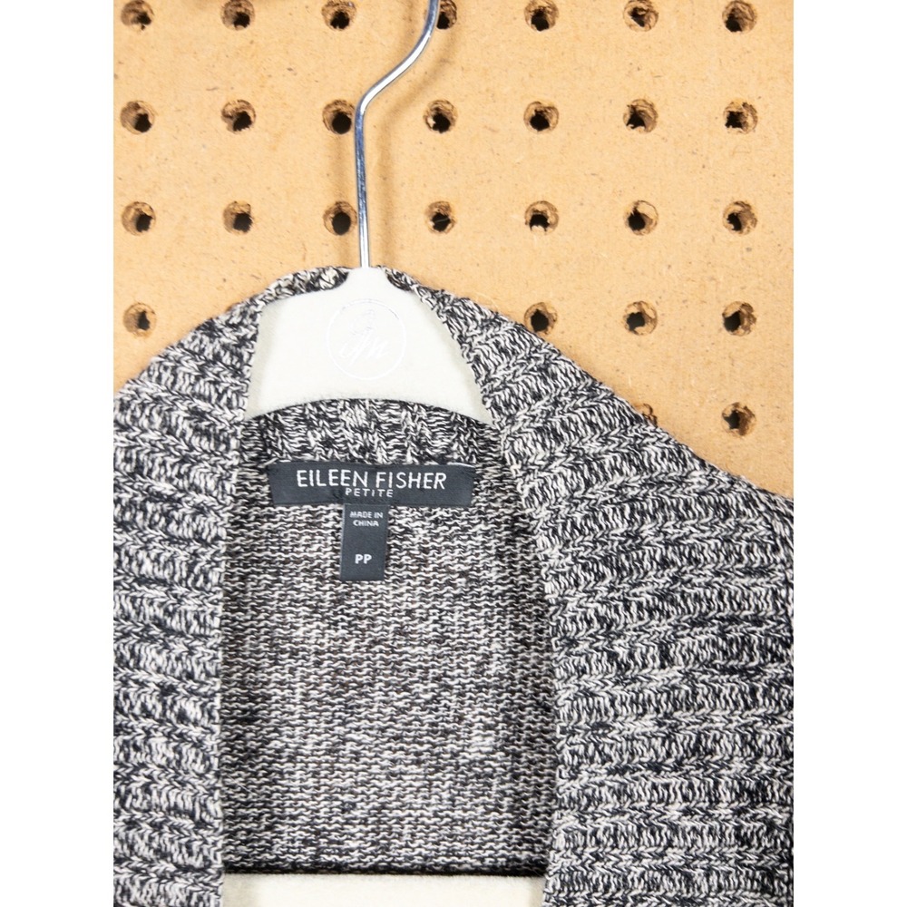Eileen Fisher Petite Linen Wool Marled Knit Open Front Cardigan Black White PP - Picture 2 of 7